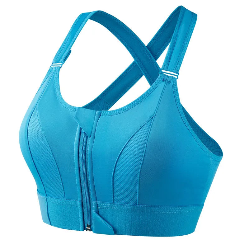 Front-Zip Sports Bra. Shockproof, Wireless, Cross Back Straps