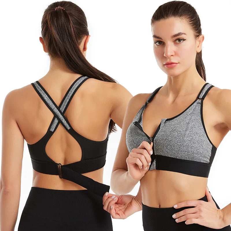 Front-Zip Sports Bra. Shockproof, Wireless, Cross Back Straps