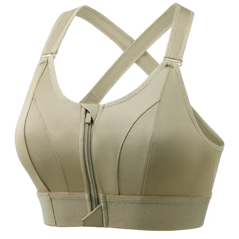 Front-Zip Sports Bra. Shockproof, Wireless, Cross Back Straps
