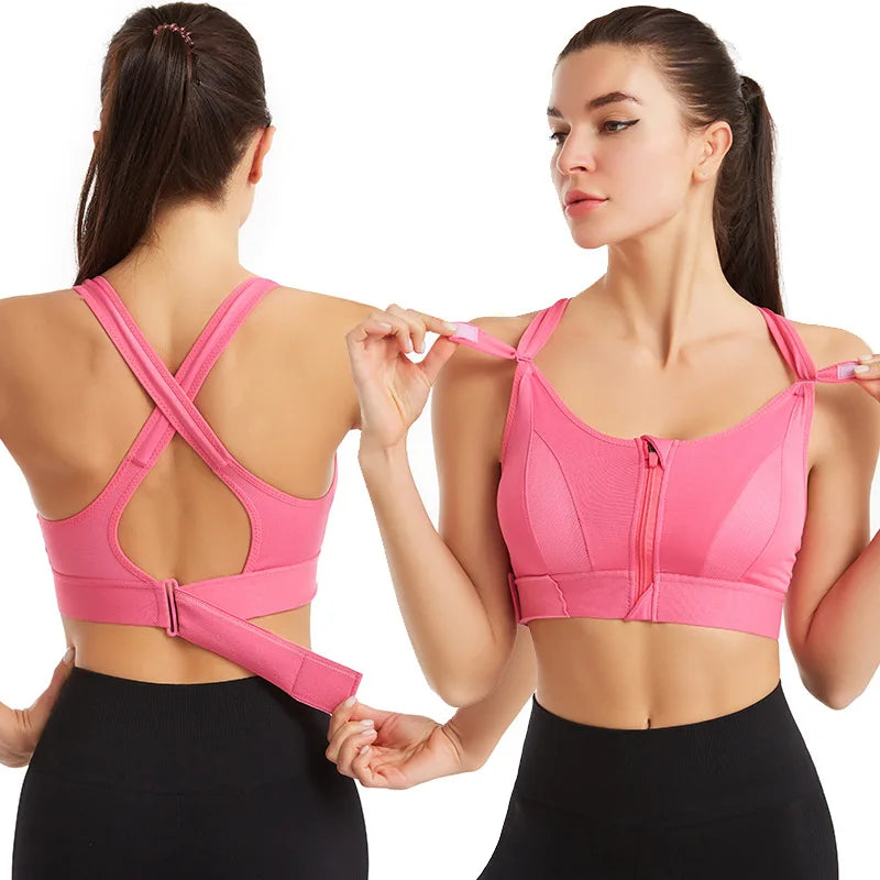 Front-Zip Sports Bra. Shockproof, Wireless, Cross Back Straps