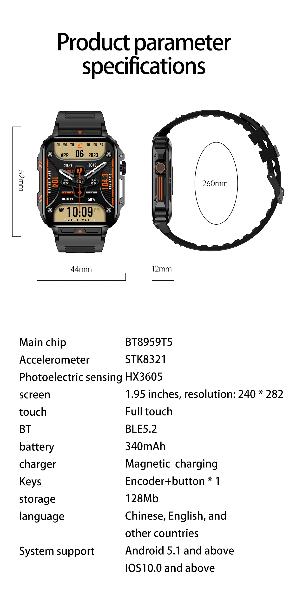 Military Smart Watch, Bluetooth, Heart Rate
