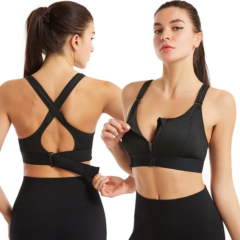 Front-Zip Sports Bra. Shockproof, Wireless, Cross Back Straps