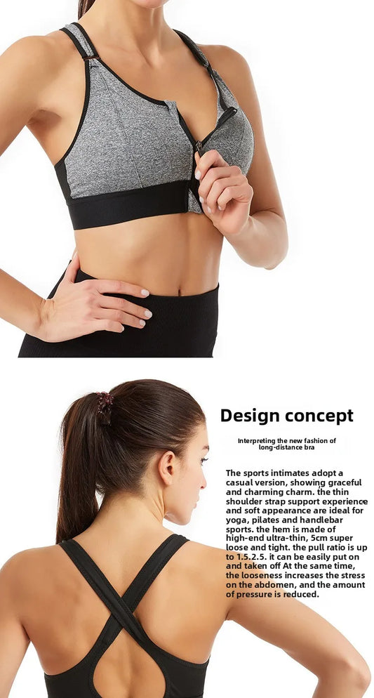 Front-Zip Sports Bra. Shockproof, Wireless, Cross Back Straps
